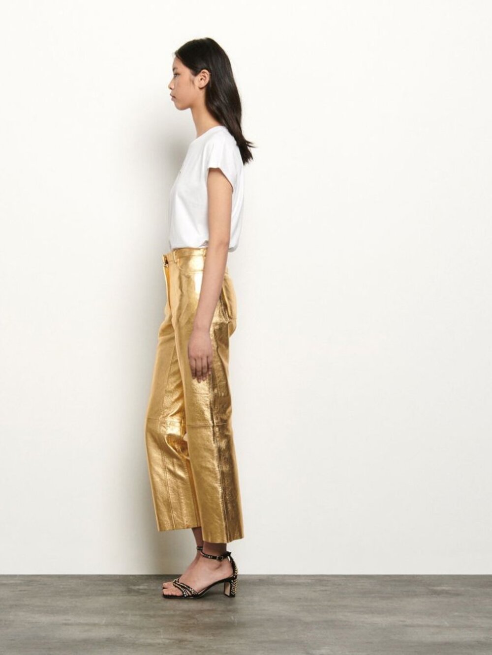 NWT SANDRO Metallic gold leather kick-flare pants US 4/S FR 36 $820 - Picture 3 of 13